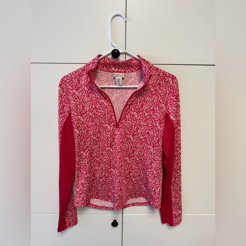 Tommy Bahama Racquet & Paddle Marbled Palm Viva Coral Red Long Sleeve Golf Top